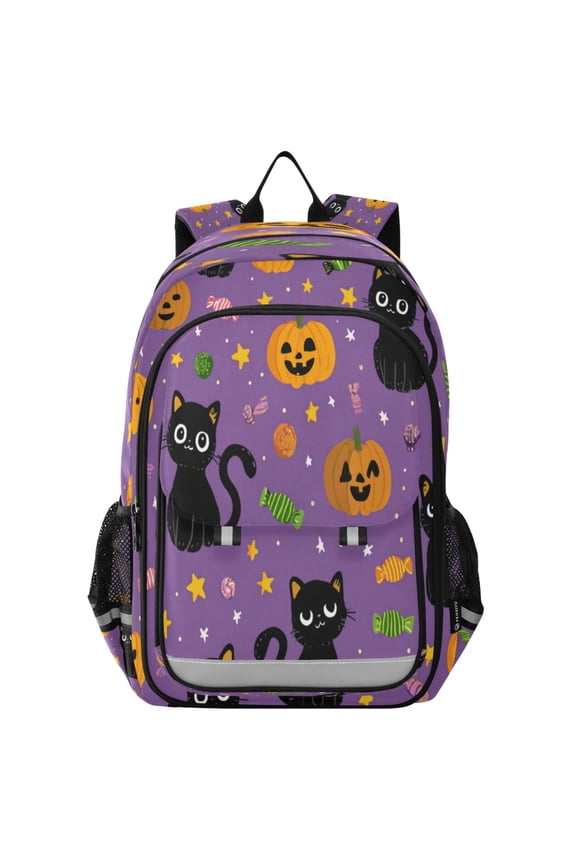 Flip-Top Backpack 17L Capacity Lightweight Bookpack Reflective Safety Strips & Adjustable Chest Strap Black Cats and Candy