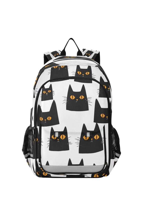 Flip-Top Backpack 17L Capacity Lightweight Bookpack Reflective Safety Strips & Adjustable Chest Strap Black Cats with Orange Eyes