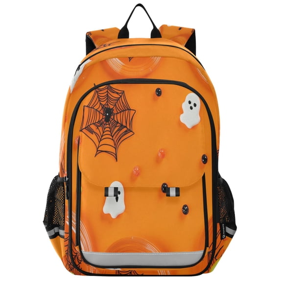 Flip-Top Backpack 17L Capacity Lightweight Bookpack Reflective Safety Strips & Adjustable Chest Strap Black Spider Webs and White Ghosts