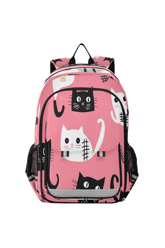 Flip-Top Backpack 17L Capacity Lightweight Bookpack Reflective Safety Strips & Adjustable Chest Strap Black and White Cats