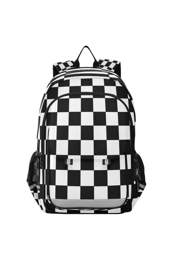Flip-Top Backpack 17L Capacity Lightweight Bookpack Reflective Safety Strips & Adjustable Chest Strap Black and White Check