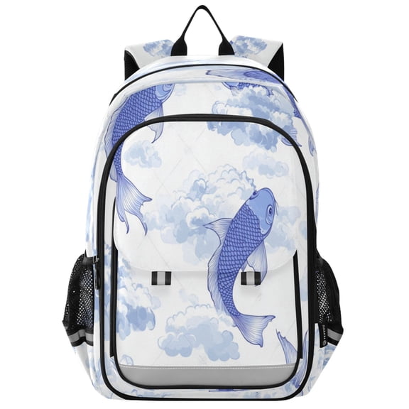 Flip-Top Backpack 17L Capacity Lightweight Bookpack Reflective Safety Strips & Adjustable Chest Strap Blue Koi Fish