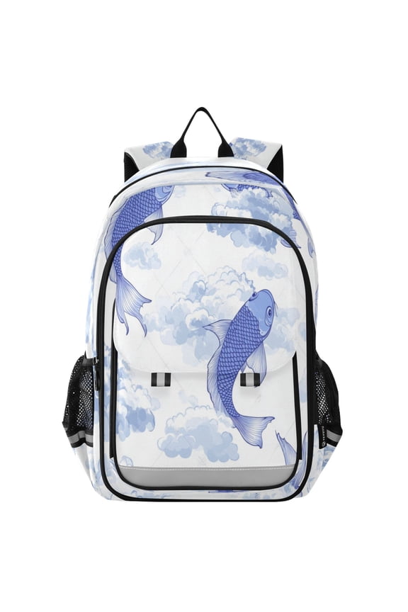 Flip-Top Backpack 17L Capacity Lightweight Bookpack Reflective Safety Strips & Adjustable Chest Strap Blue Koi Fish