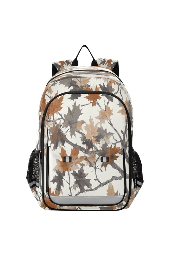 Flip-Top Backpack 17L Capacity Lightweight Bookpack Reflective Safety Strips & Adjustable Chest Strap Brown Leaves Pattern