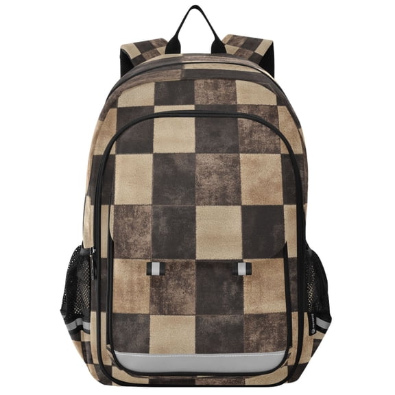Flip-Top Backpack 17L Capacity Lightweight Bookpack Reflective Safety Strips & Adjustable Chest Strap Brown and Black Tartan