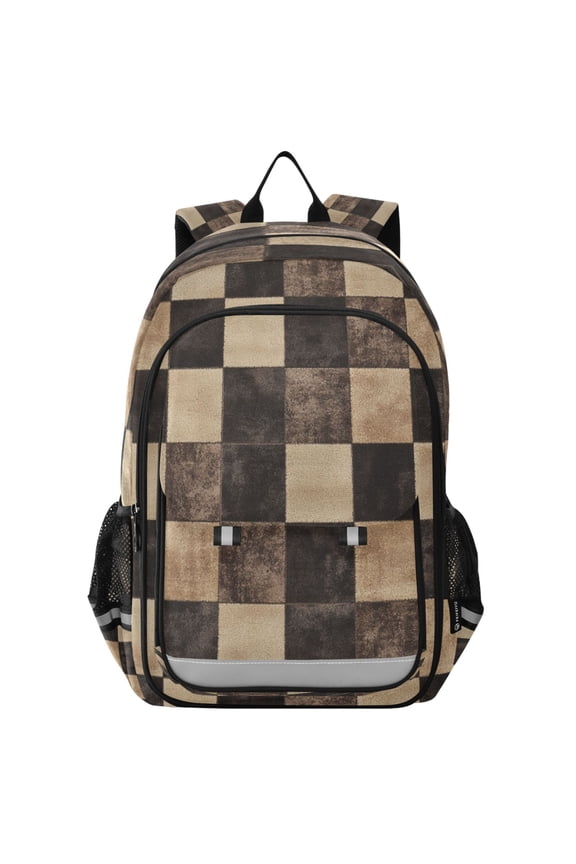 Flip-Top Backpack 17L Capacity Lightweight Bookpack Reflective Safety Strips & Adjustable Chest Strap Brown and Black Tartan
