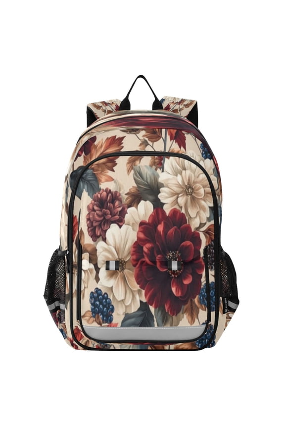 Flip-Top Backpack 17L Capacity Lightweight Bookpack Reflective Safety Strips & Adjustable Chest Strap Burgundy Hydrangeas