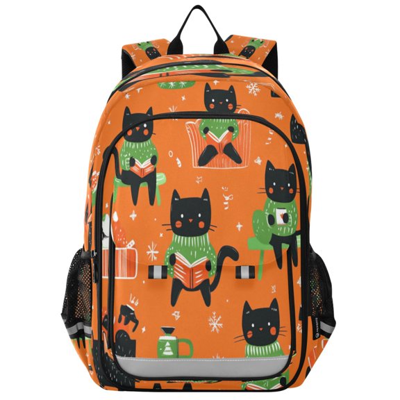 Flip-Top Backpack 17L Capacity Lightweight Bookpack Reflective Safety Strips & Adjustable Chest Strap Cartoon Black Cats Pattern