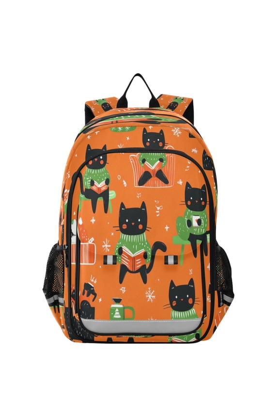 Flip-Top Backpack 17L Capacity Lightweight Bookpack Reflective Safety Strips & Adjustable Chest Strap Cartoon Black Cats Pattern