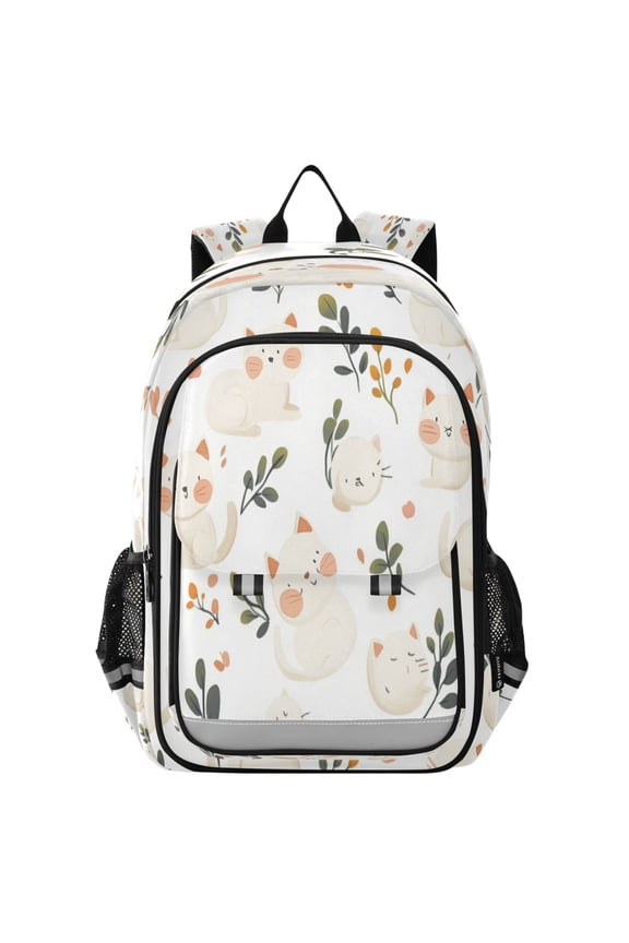 Flip-Top Backpack 17L Capacity Lightweight Bookpack Reflective Safety Strips & Adjustable Chest Strap Cartoon White Cat
