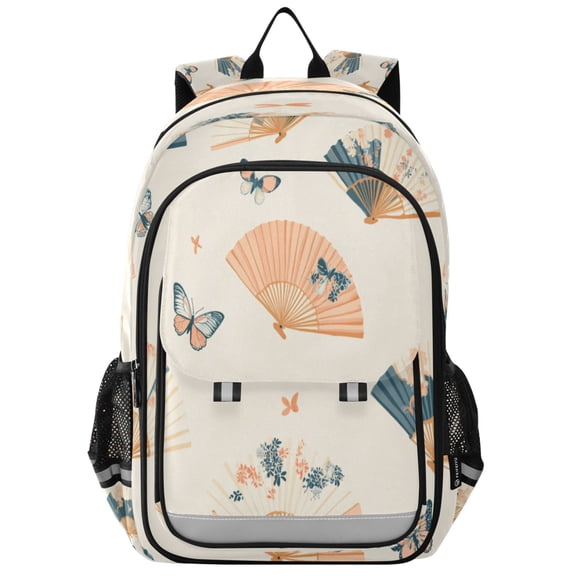 Flip-Top Backpack 17L Capacity Lightweight Bookpack Reflective Safety Strips & Adjustable Chest Strap Chinese Fans Pattern