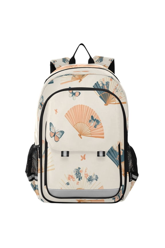 Flip-Top Backpack 17L Capacity Lightweight Bookpack Reflective Safety Strips & Adjustable Chest Strap Chinese Fans Pattern