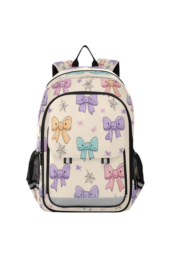 Flip-Top Backpack 17L Capacity Lightweight Bookpack Reflective Safety Strips & Adjustable Chest Strap Colorful Bow Pattern