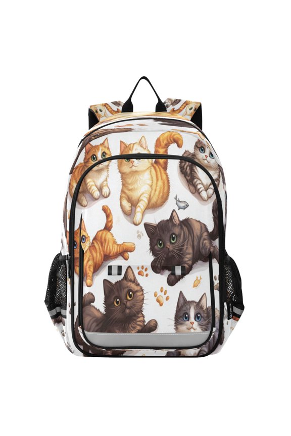Flip-Top Backpack 17L Capacity Lightweight Bookpack Reflective Safety Strips & Adjustable Chest Strap Colorful Cartoon Cats
