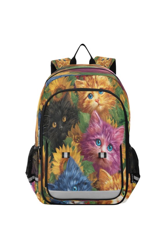 Flip-Top Backpack 17L Capacity Lightweight Bookpack Reflective Safety Strips & Adjustable Chest Strap Colorful Cat and Sunflowers