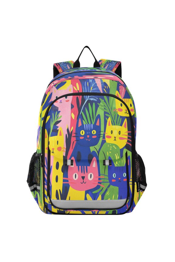 Flip-Top Backpack 17L Capacity Lightweight Bookpack Reflective Safety Strips & Adjustable Chest Strap Colorful Cute Cats
