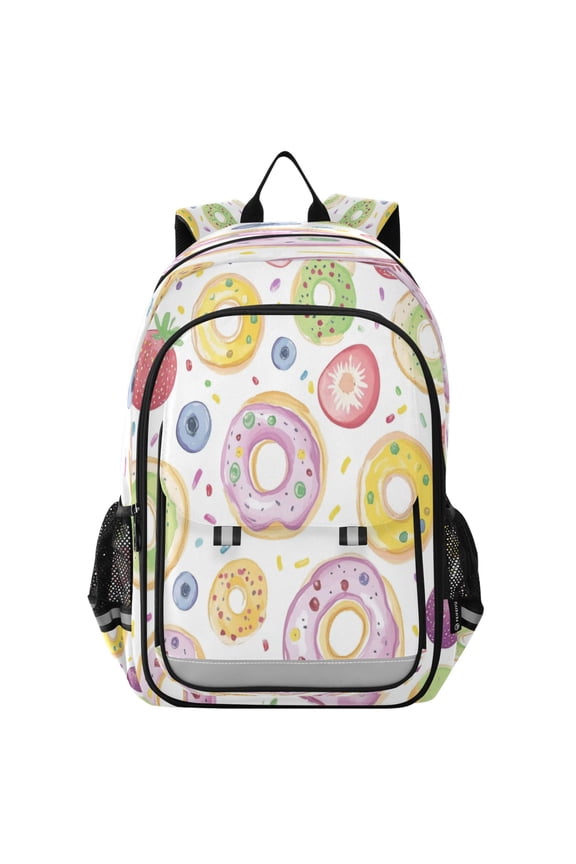 Flip-Top Backpack 17L Capacity Lightweight Bookpack Reflective Safety Strips & Adjustable Chest Strap Colorful Doughnuts Pattern