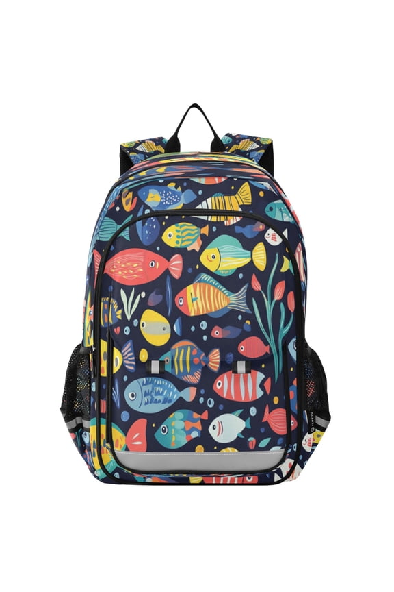 Flip-Top Backpack 17L Capacity Lightweight Bookpack Reflective Safety Strips & Adjustable Chest Strap Colorful Fish Swimming
