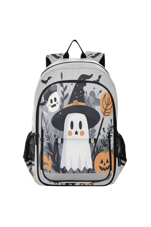 Flip-Top Backpack 17L Capacity Lightweight Bookpack Reflective Safety Strips & Adjustable Chest Strap Cute Cartoon Witch and Ghost Character