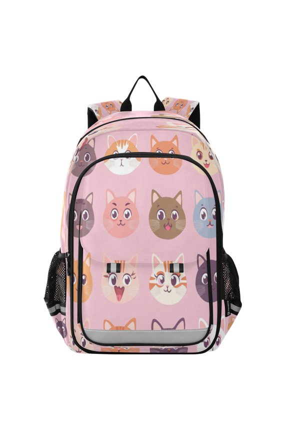 Flip-Top Backpack 17L Capacity Lightweight Bookpack Reflective Safety Strips & Adjustable Chest Strap Cute Cat Face Pattern