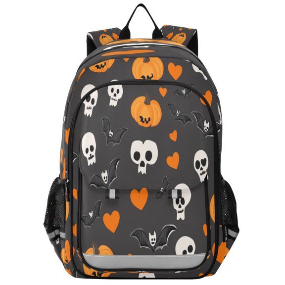 Flip-Top Backpack 17L Capacity Lightweight Bookpack Reflective Safety Strips & Adjustable Chest Strap Cute Hearts and Skull