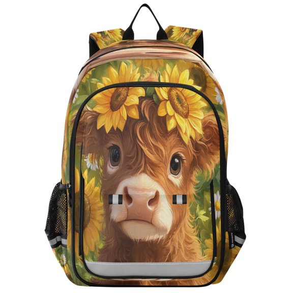 Flip-Top Backpack 17L Capacity Lightweight Bookpack Reflective Safety Strips & Adjustable Chest Strap Cute Highland Cow