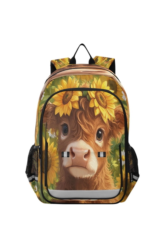 Flip-Top Backpack 17L Capacity Lightweight Bookpack Reflective Safety Strips & Adjustable Chest Strap Cute Highland Cow