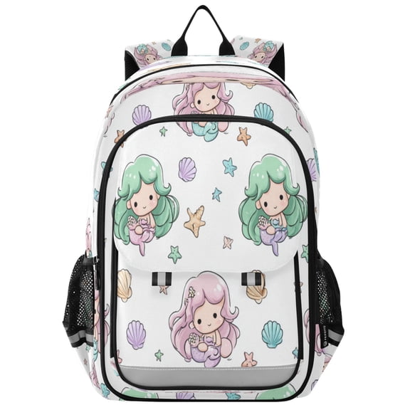 Flip-Top Backpack 17L Capacity Lightweight Bookpack Reflective Safety Strips & Adjustable Chest Strap Cute Mermaid Pattern