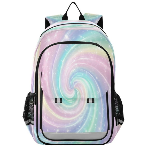 Flip-Top Backpack 17L Capacity Lightweight Bookpack Reflective Safety Strips & Adjustable Chest Strap Cute Pastel Rainbow Swirl