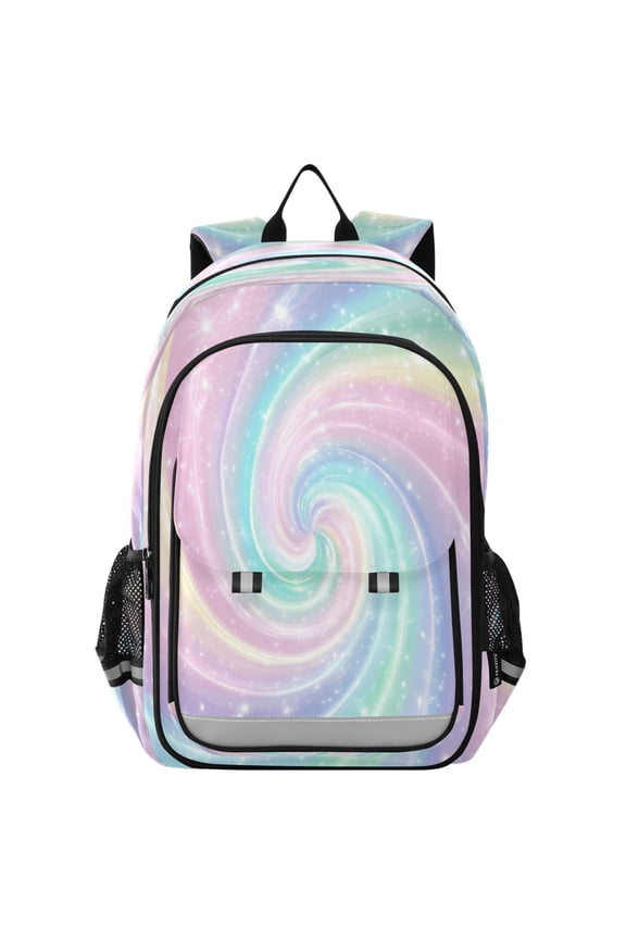 Flip-Top Backpack 17L Capacity Lightweight Bookpack Reflective Safety Strips & Adjustable Chest Strap Cute Pastel Rainbow Swirl