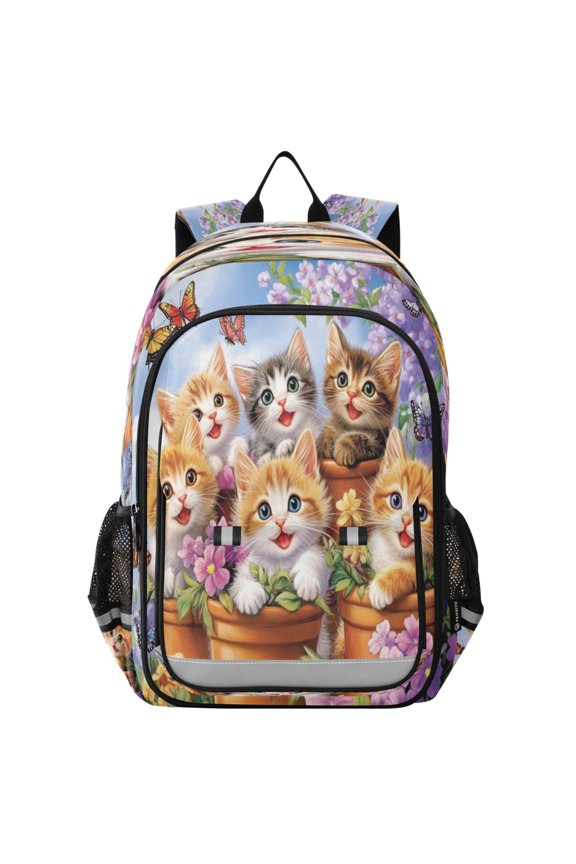 Flip-Top Backpack 17L Capacity Lightweight Bookpack Reflective Safety Strips & Adjustable Chest Strap Cute Smiling Kitten