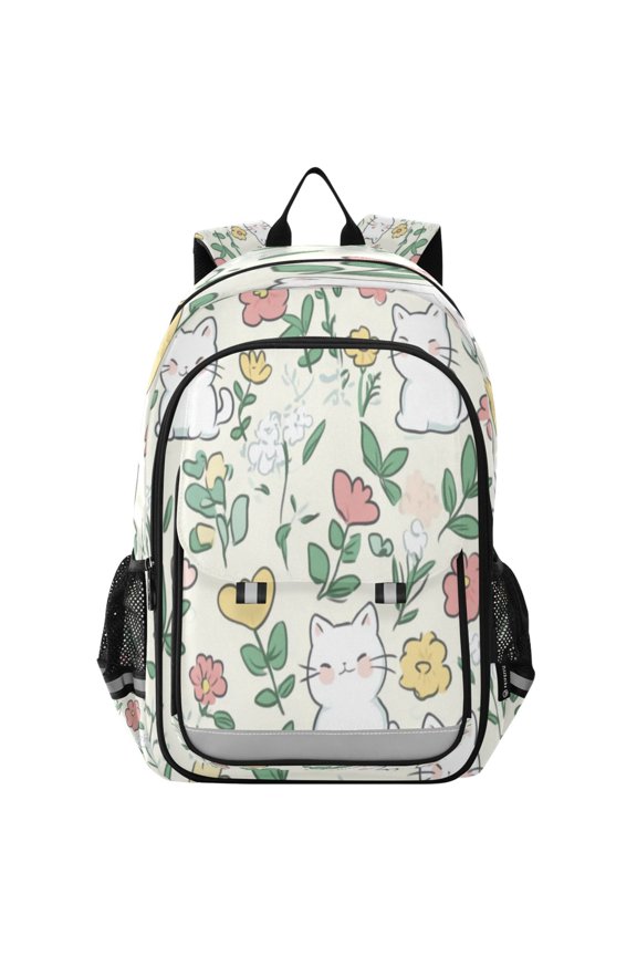 Flip-Top Backpack 17L Capacity Lightweight Bookpack Reflective Safety Strips & Adjustable Chest Strap Cute White Cat Pattern