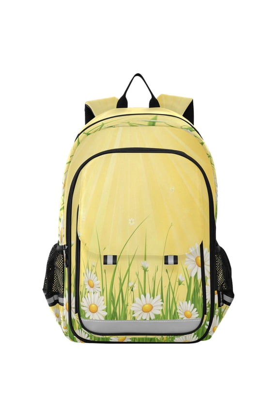 Flip-Top Backpack 17L Capacity Lightweight Bookpack Reflective Safety Strips & Adjustable Chest Strap Daisies and Sun Rays