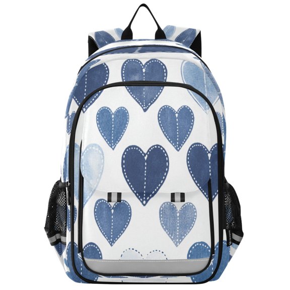 Flip-Top Backpack 17L Capacity Lightweight Bookpack Reflective Safety Strips & Adjustable Chest Strap Denim Heart Pattern