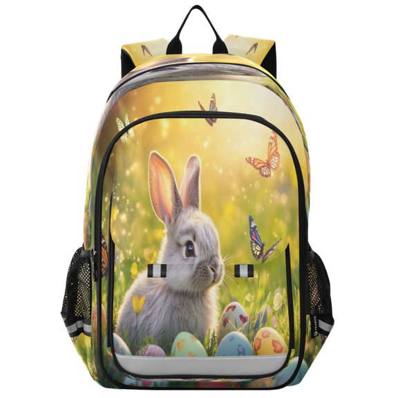 Flip-Top Backpack 17L Capacity Lightweight Bookpack Reflective Safety Strips & Adjustable Chest Strap Easter Bunny and Butterflies
