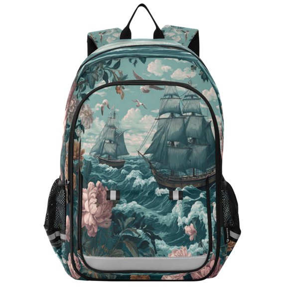 Flip-Top Backpack 17L Capacity Lightweight Bookpack Reflective Safety Strips & Adjustable Chest Strap Elegant Nautical Scene