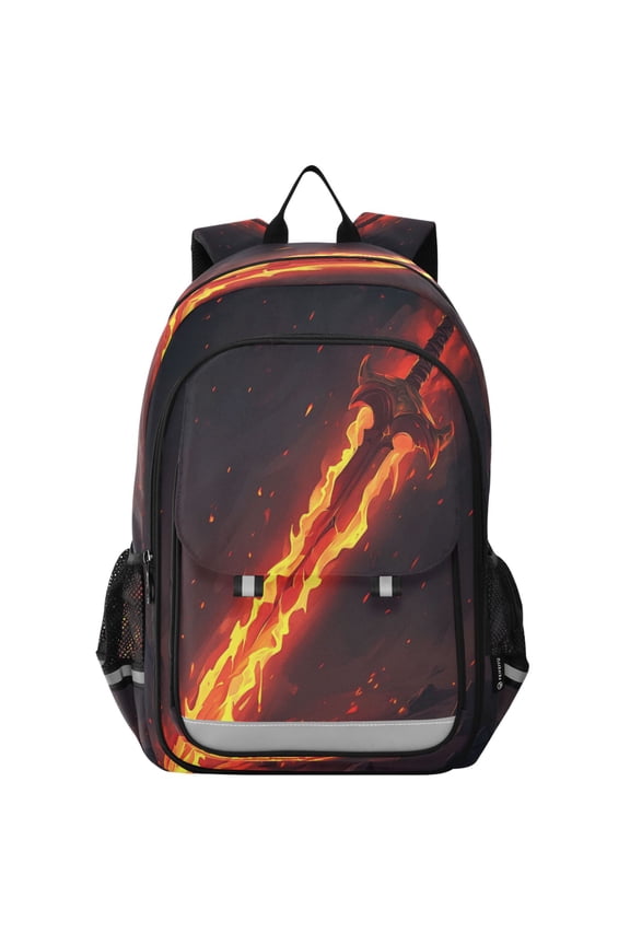 Flip-Top Backpack 17L Capacity Lightweight Bookpack Reflective Safety Strips & Adjustable Chest Strap Flaming Sword