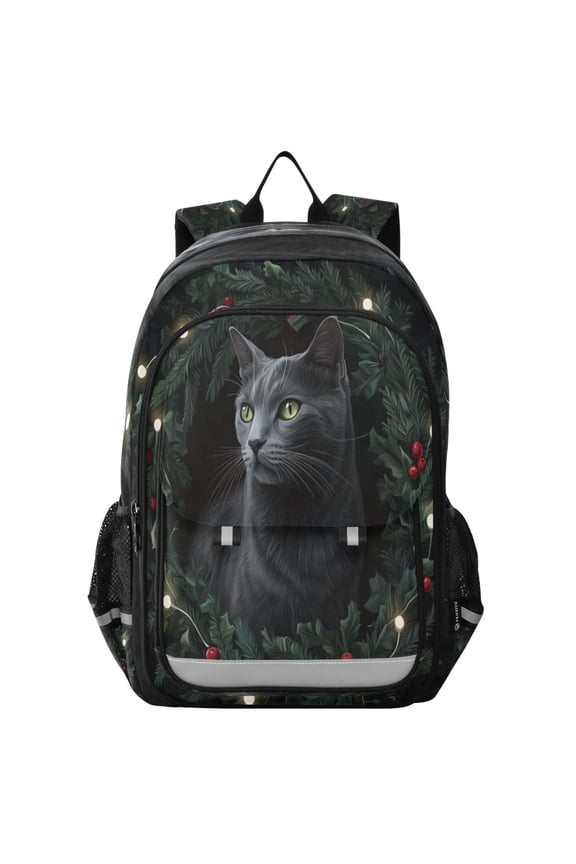 Flip-Top Backpack 17L Capacity Lightweight Bookpack Reflective Safety Strips & Adjustable Chest Strap Gray Cat with Green Eyes