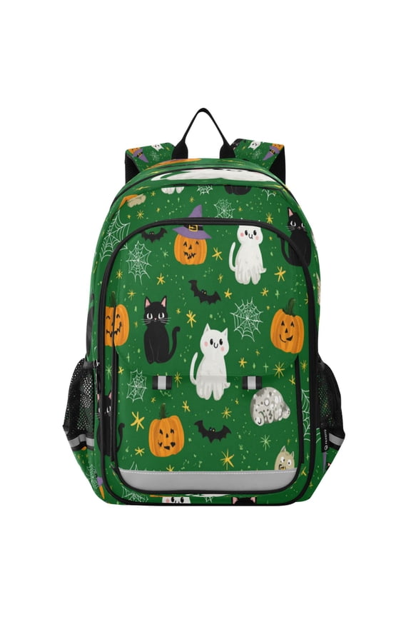 Flip-Top Backpack 17L Capacity Lightweight Bookpack Reflective Safety Strips & Adjustable Chest Strap Green Background with Cats