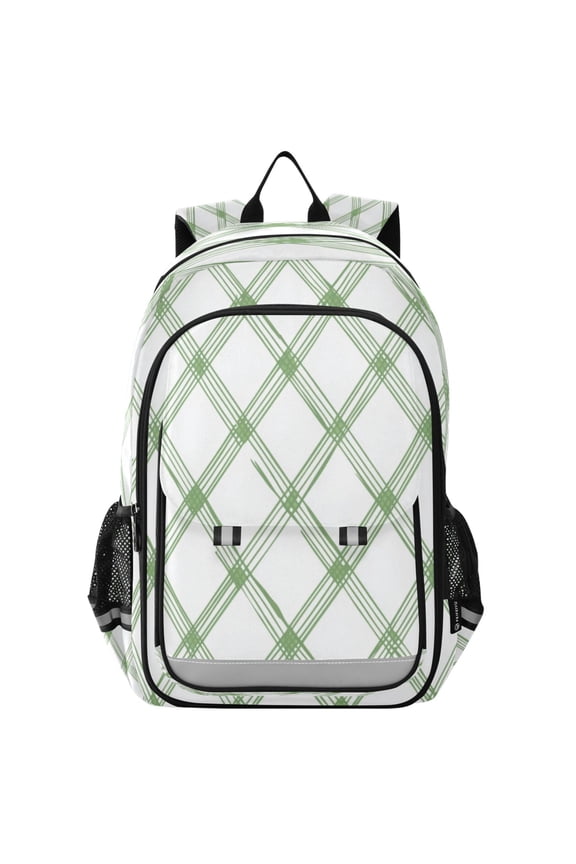 Flip-Top Backpack 17L Capacity Lightweight Bookpack Reflective Safety Strips & Adjustable Chest Strap Green Tartan