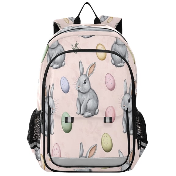 Flip-Top Backpack 17L Capacity Lightweight Bookpack Reflective Safety Strips & Adjustable Chest Strap Grey Bunnies