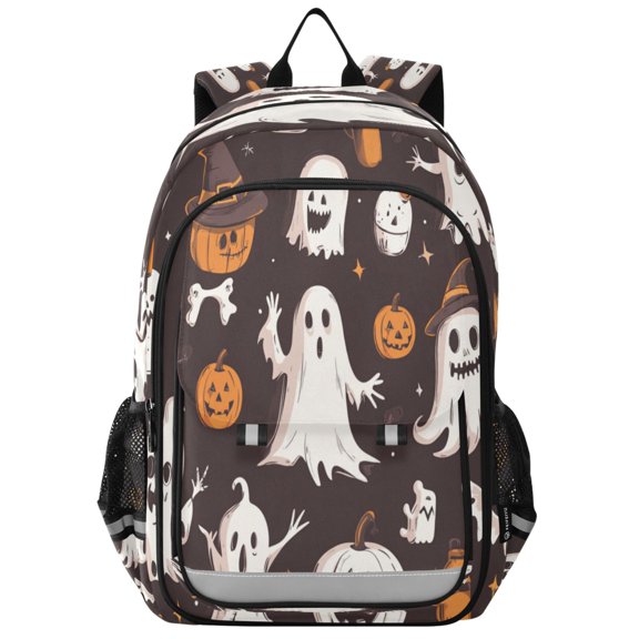 Flip-Top Backpack 17L Capacity Lightweight Bookpack Reflective Safety Strips & Adjustable Chest Strap Halloween-themed Cartoonish Ghosts