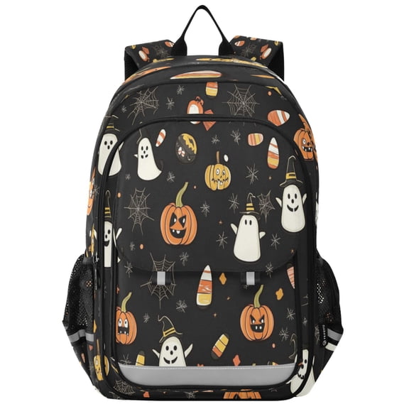 Flip-Top Backpack 17L Capacity Lightweight Bookpack Reflective Safety Strips & Adjustable Chest Strap Halloween-themed Fabric Pattern