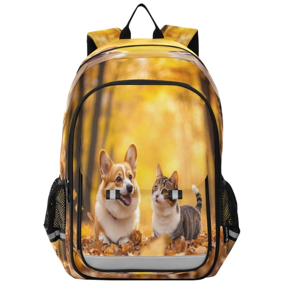 Flip-Top Backpack 17L Capacity Lightweight Bookpack Reflective Safety Strips & Adjustable Chest Strap Happy Corgi Dog and Cat