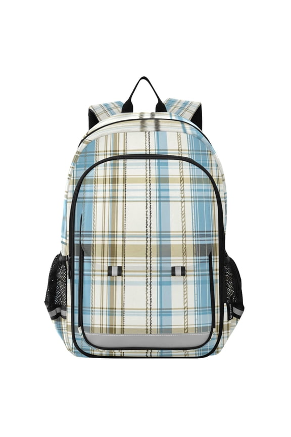 Flip-Top Backpack 17L Capacity Lightweight Bookpack Reflective Safety Strips & Adjustable Chest Strap Light Blue and Brown Tartan
