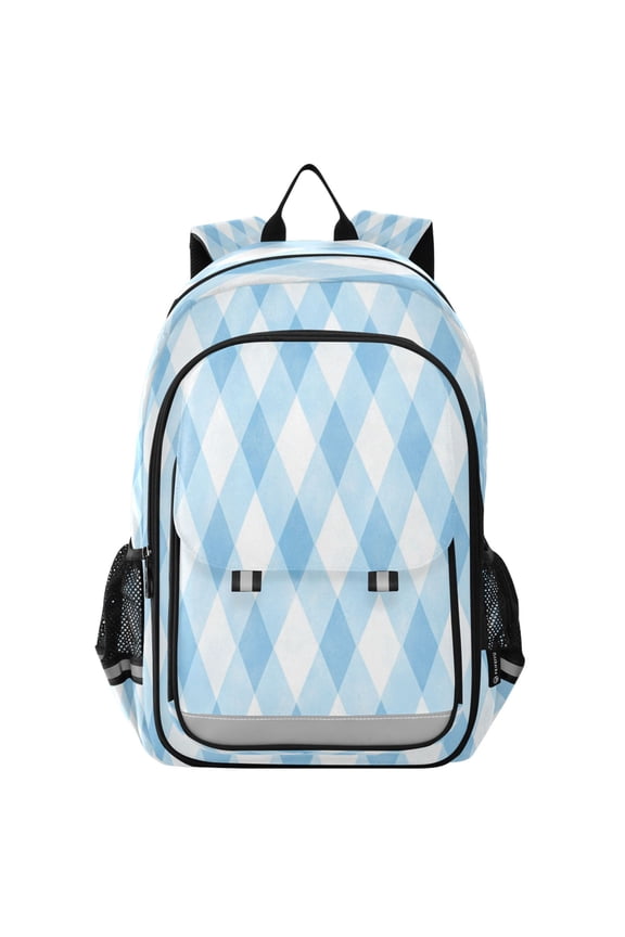Flip-Top Backpack 17L Capacity Lightweight Bookpack Reflective Safety Strips & Adjustable Chest Strap Light Blue and White Tartan