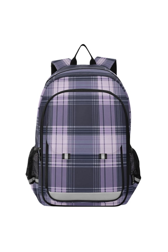 Flip-Top Backpack 17L Capacity Lightweight Bookpack Reflective Safety Strips & Adjustable Chest Strap Light Purple Tartan