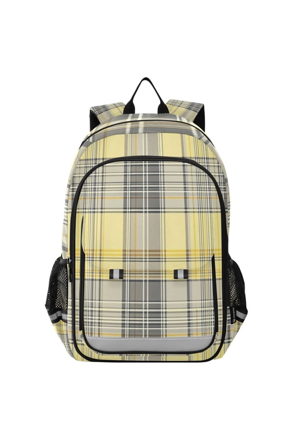 Flip-Top Backpack 17L Capacity Lightweight Bookpack Reflective Safety Strips & Adjustable Chest Strap Light Yellow and Grey Tartan