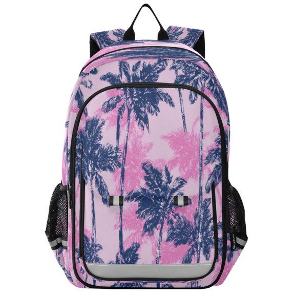 Flip-Top Backpack 17L Capacity Lightweight Bookpack Reflective Safety Strips & Adjustable Chest Strap Navy Blue Palm Tree