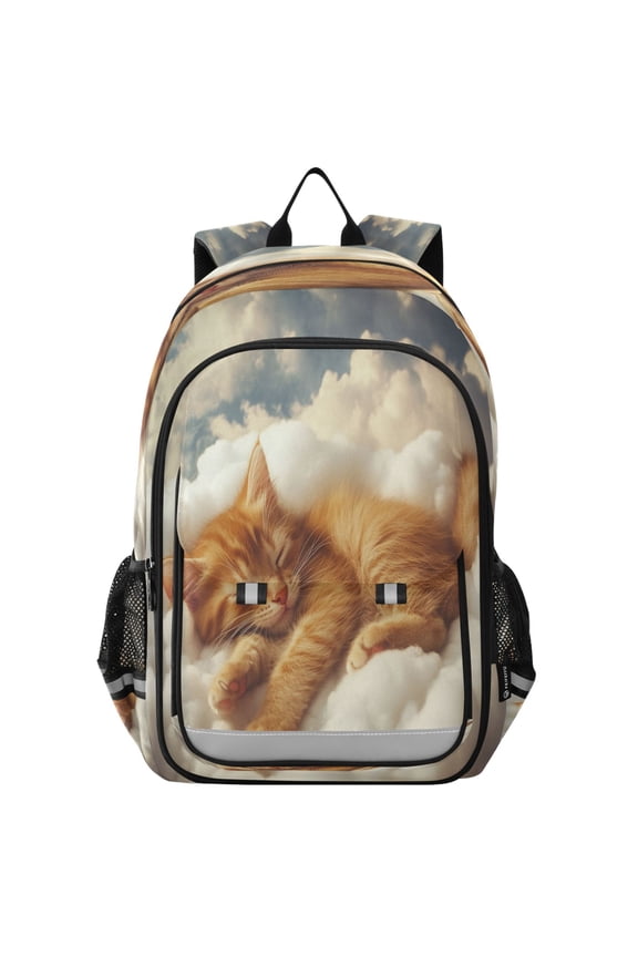 Flip-Top Backpack 17L Capacity Lightweight Bookpack Reflective Safety Strips & Adjustable Chest Strap Orange Cat Sleeping on Clouds